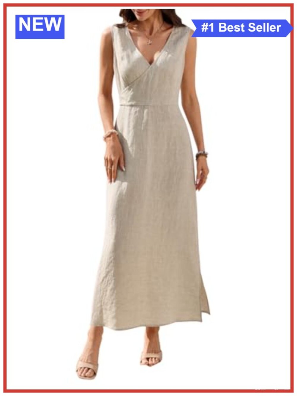100% Linen Maxi Dress Wrap V Neck Sleeveless Summer Split Dress